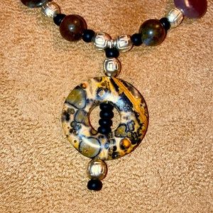 Agate stone necklace with leopard stone jasper pendant, earth tones